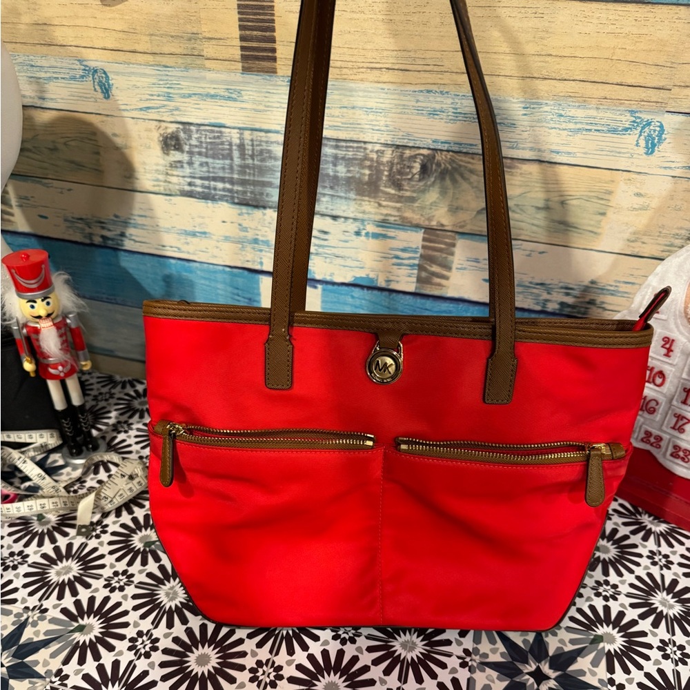 MICHAEL KORS "Kempton" Red Nylon Brown Leather Trims Shopper Tote Bag